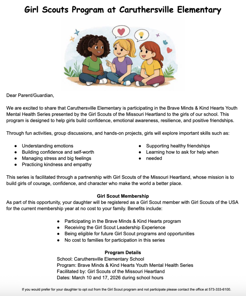Girl Scout presentations on March 10 and 17 at CES for girls preK through grade 3.