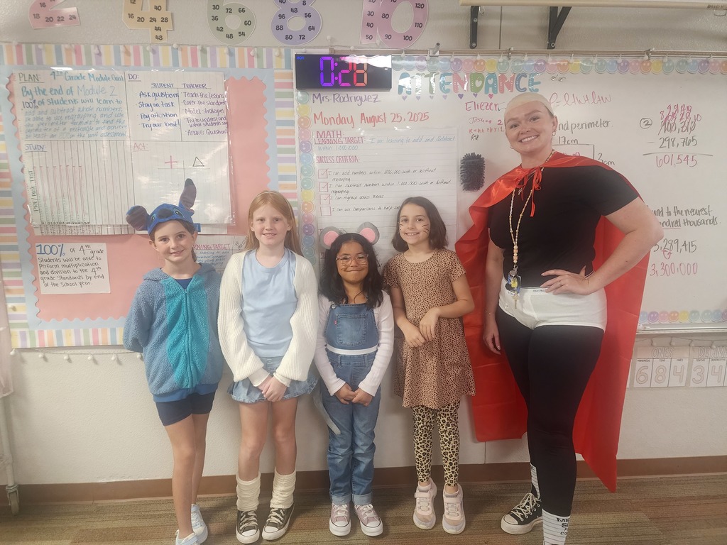a teacher and 4 students dressed up for Favorite Character Day