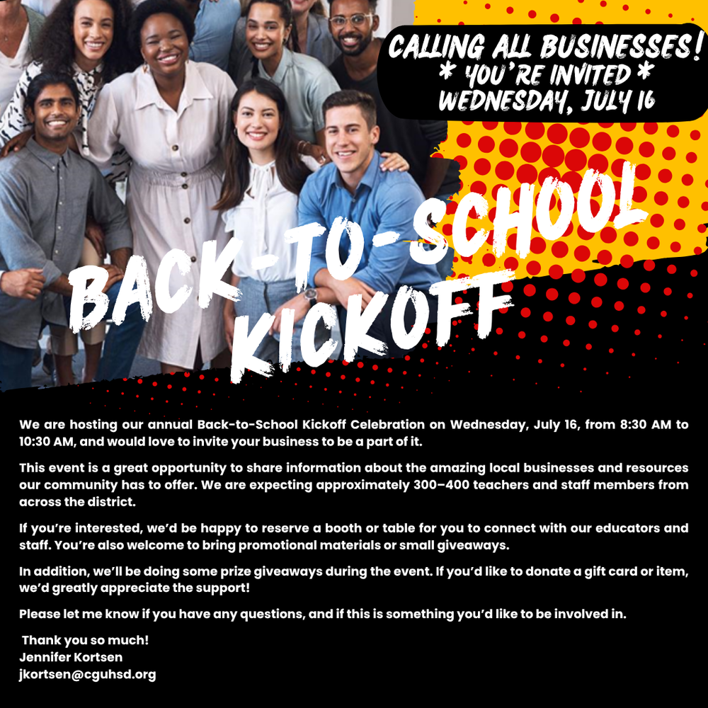 You're invited to our Back-to-School Kickoff Celebration on Wednesday, July 16, 8:30–10:30 AM. Connect with 300–400 district staff, host a booth, share promos, or donate a prize. Let us know if you'd like to join. We’d love to have you!
