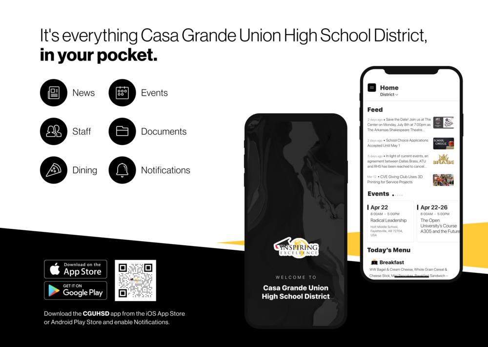 cell phone with "It's everything Casa Grande Union High School District, in your pocket" flyer