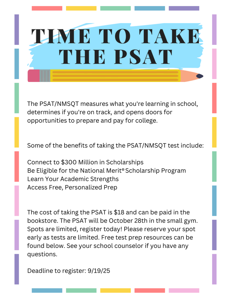 Flyer w/ info about PSAT test on October 28