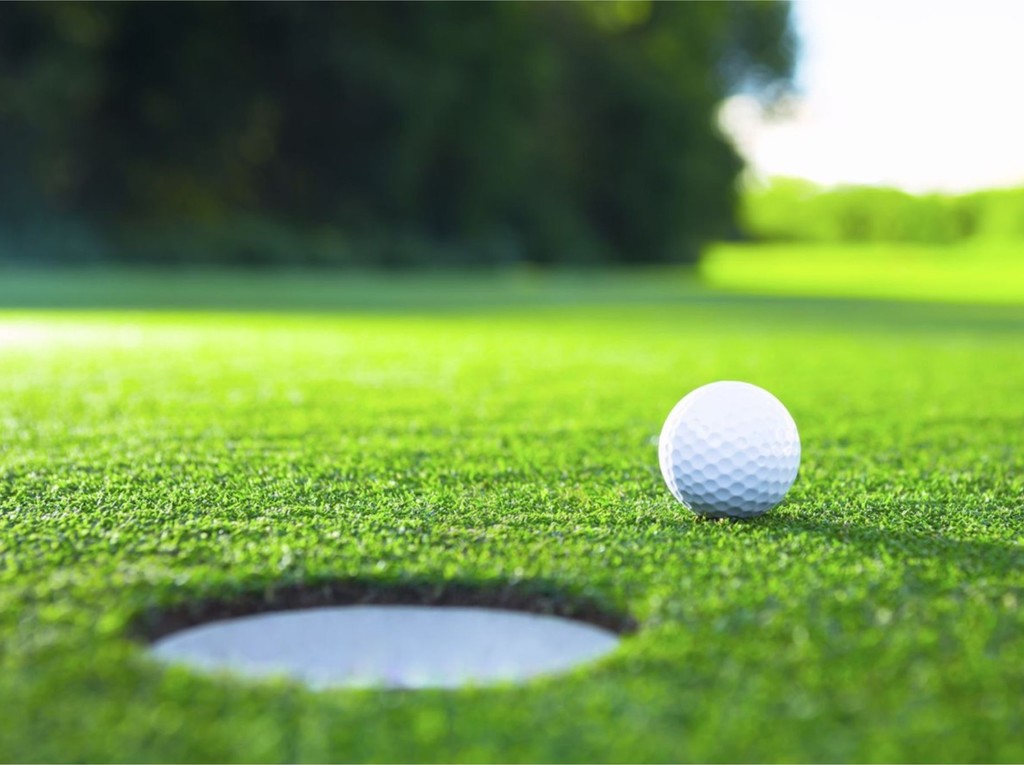 golf ball on the green and almost in the hole