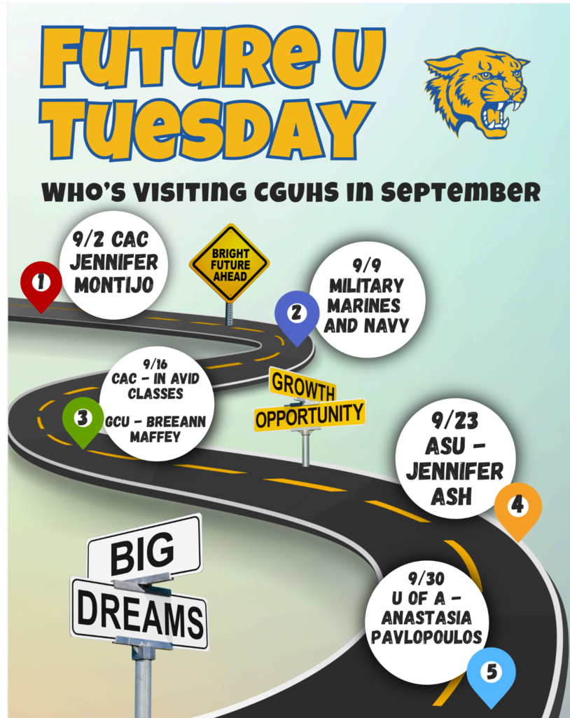 flyer showing who is visiting in September to talk to students about the future