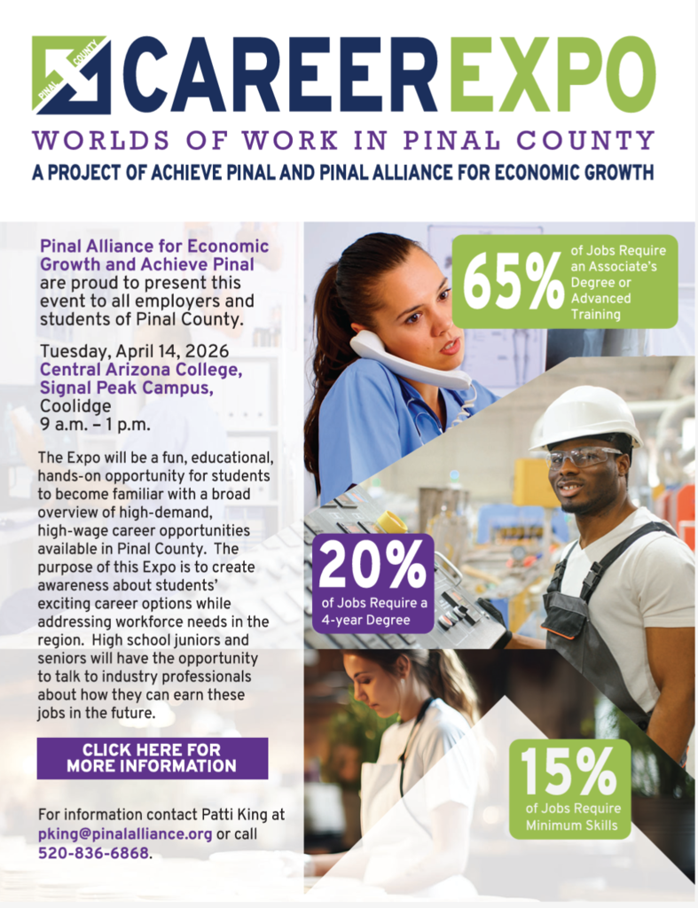 🌎✨ Worlds of Work Career Expo – Pinal County ✨🌎 High school juniors and seniors — don’t miss this incredible opportunity to explore high-demand, high-wage careers right here in Pinal County! 📅 Tuesday, April 14, 2026 📍 Central Arizona College – Signal Peak Campus ⏰ 9:00 AM – 1:00 PM Hosted by the Pinal Alliance for Economic Growth and Achieve Pinal, this hands-on, interactive event connects students with industry professionals and real-world career pathways. Did you know? 🔹 65% of jobs require an associate’s degree or advanced training 🔹 20% require a 4-year degree 🔹 15% require minimum skills This expo is designed to help students discover the path that’s right for them! 🔗 More information here: https://acrobat.adobe.com/id/urn:aaid:sc:US:aa4763c7-ec96-4858-badd-59205a33e932