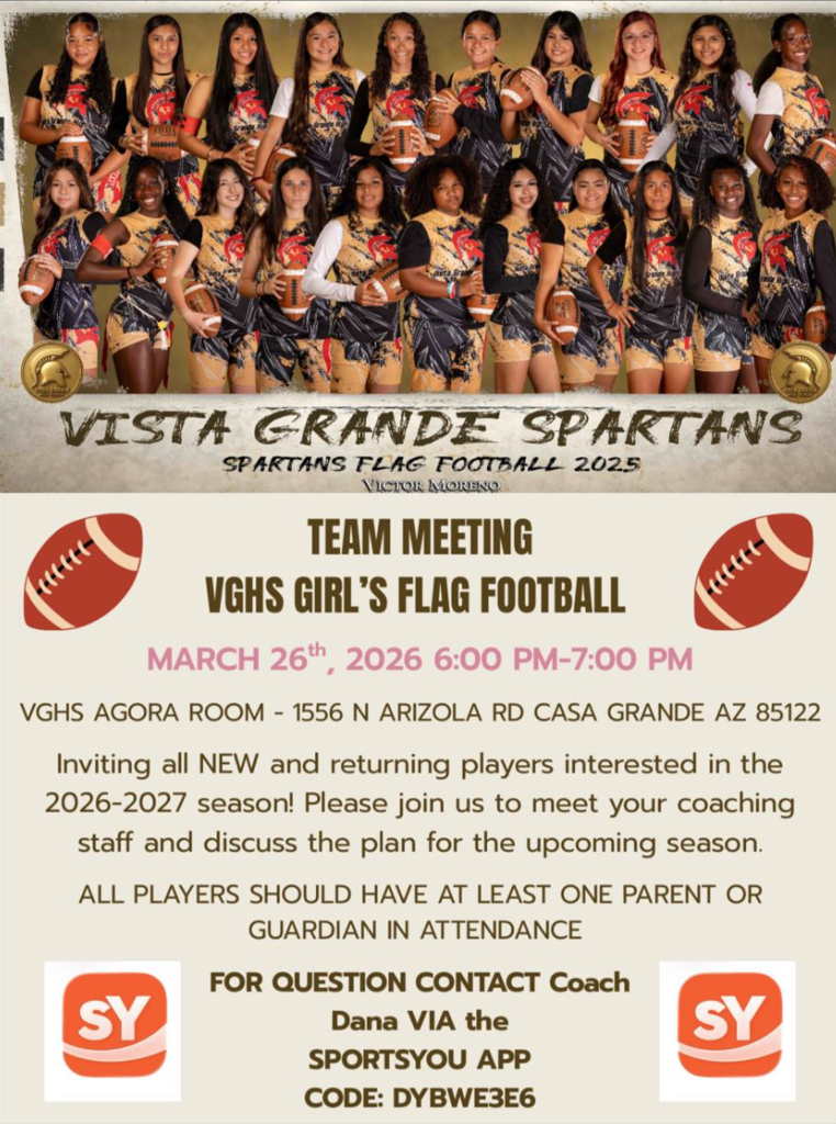 🏈🔥 Spartans Flag Football Meeting! 🔥🏈  Calling all NEW & returning players for the 2026–2027 season! 💛🖤  📅 March 26, 2026 ⏰ 6:00 PM – 7:00 PM 📍 VGHS Agora Room  Come meet the coaching staff, get important season information, and hear what’s ahead for Spartan Flag Football!  👨‍👩‍👧 All players must have at least one parent/guardian in attendance.  📲 Questions? Contact Coach Dana on the SportsYou App Code: DYBWE3E6