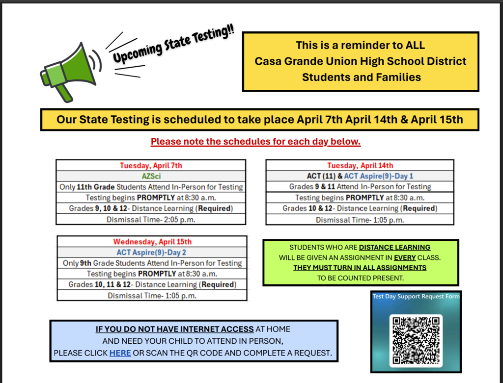 flyer announcing testing dates for April 7, 14, and 15.