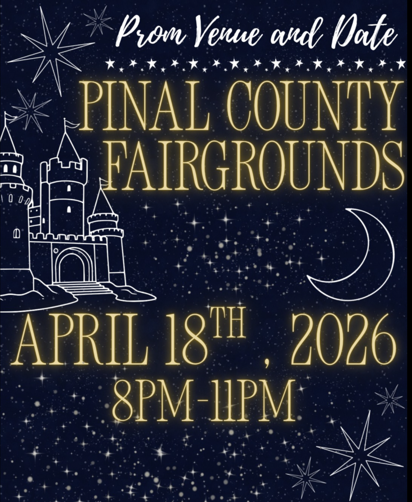 The time has arrived! The Casa Grande Union High School Prom will be held at the Pinal County Fairgrounds on Saturday, April 18, 2026 from 8pm to 11 PM. Save the date, and we will see you there. Stay tuned for details on tickets and theme. 🌙💫👑 Follow the Instagram page of the CGUHS class of 2027 @cguhs.2027 to receive timely updates for prom!