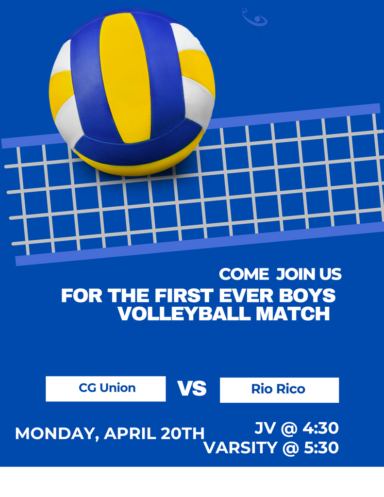 History in the making at CGUHS! 🏐  Join us Monday, April 20 for the first-ever Boys Volleyball match as the Cougars take on Rio Rico! JV at 4:30 PM | Varsity at 5:30 PM  Come out and support our Cougars! 💙💛
