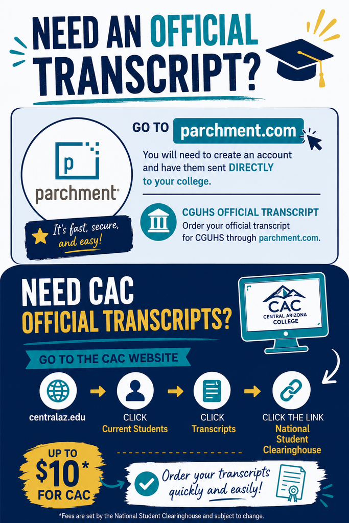 Need an official transcript? 🎓 CGUHS transcripts can be ordered quickly and securely through Parchment and sent directly to your college. Need CAC transcripts too? Visit the CAC website and follow the transcript request steps through National Student Clearinghouse. 📄✨