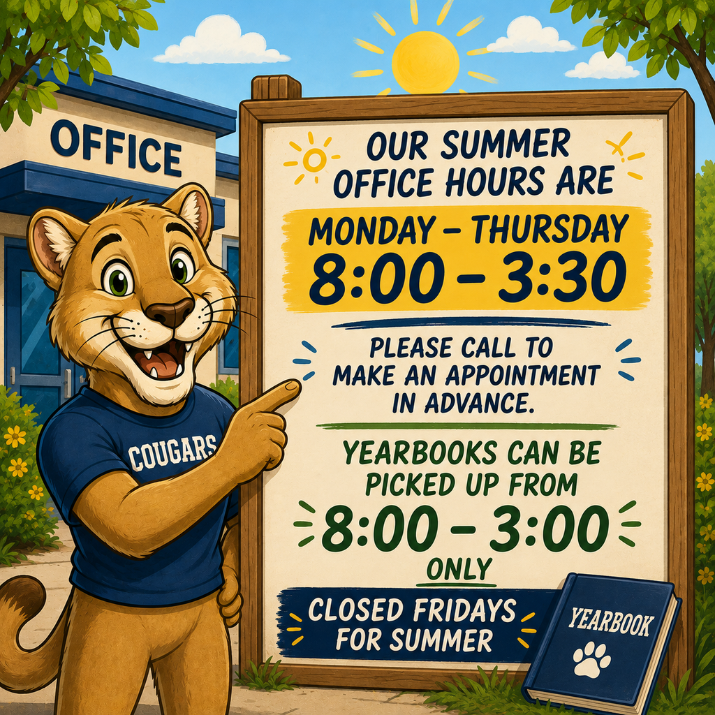☀️ CGUHS Summer Office Hours ☀️  Casa Grande Union High School offices will be open Monday–Thursday from 8:00 AM–3:30 PM throughout the summer. Offices will be closed on Fridays.  Have a safe and relaxing summer, Cougars! 💙💛
