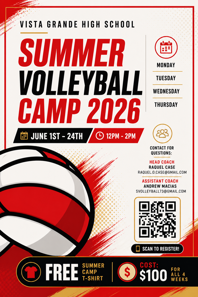 🏐 Ready to take your game to the next level? Join the Vista Grande High School Summer Volleyball Camp from June 1–24, Mondays through Thursdays from 12–2 PM! Open to athletes looking to build skills, compete, and have fun this summer. Registration is $100 and includes a free camp T-shirt. Scan the QR code to register today! 🔥❤️🖤