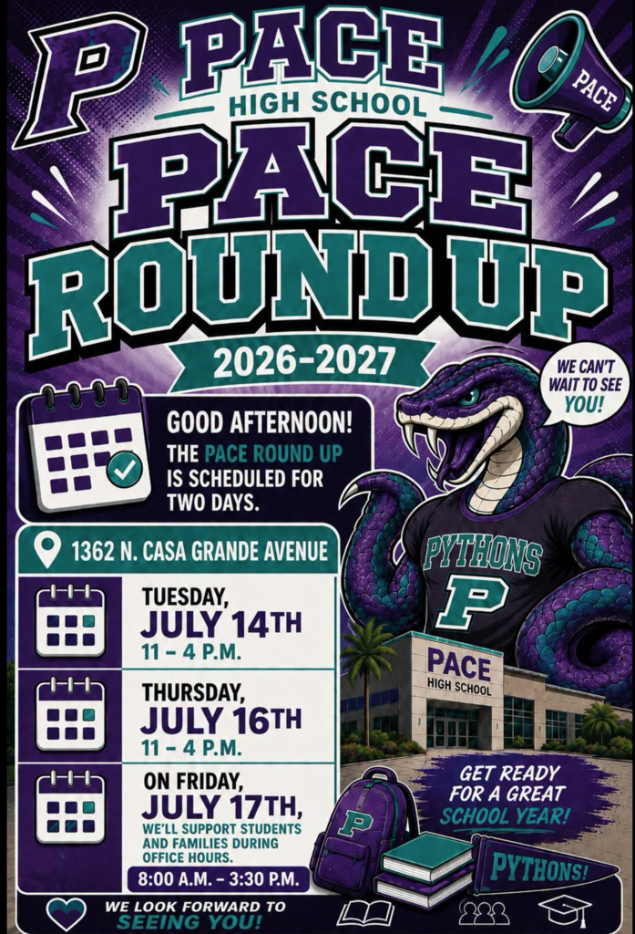 PACE High School Student Roundup is Almost Here! Get ready for the 2026–2027 school year at PACE High School's Student Roundup! This is your chance to receive your student ID, pick up your laptop, and learn about the programs, activities, and opportunities available at PACE. Please complete your online registration before attending. All new and returning CGUHSD students must complete online registration each year. Students with incomplete registrations may experience longer wait times or be unable to fully participate in Student Roundup activities. 📍 PACE High School 1362 N. Casa Grande Avenue 📅 Student Roundup Schedule: Tuesday, July 14: 11:00 a.m. – 4:00 p.m. Thursday, July 16: 11:00 a.m. – 4:00 p.m. Friday, July 17: Student & Family Support Day during office hours, 8:00 a.m. – 3:30 p.m. We look forward to welcoming our PACE students and families and kicking off a great school year! 🐍💜