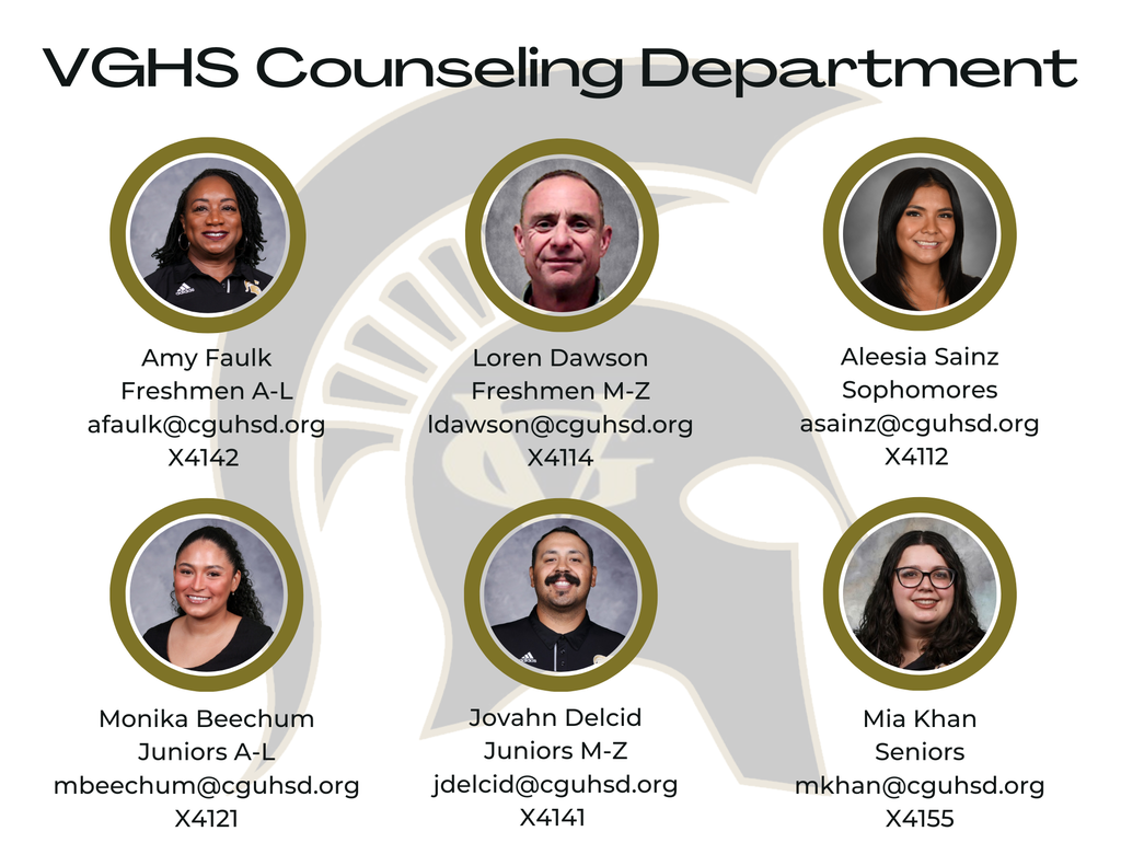 Meet the Vista Grande High School Counseling Team! 🖤💛 Our counselors are here to support every Spartan's success—academically, socially, emotionally, and in planning for life after high school. Whether students need help with schedules, college and career planning, scholarships, or simply someone to talk to, our counseling team is ready to help. Thank you to our dedicated counselors for making a difference in the lives of our students every day. We’re proud to have you as part of Spartan Nation!