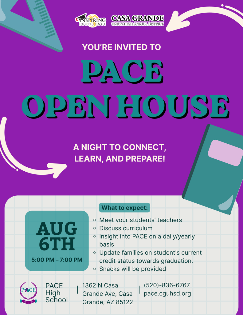 📚 P.A.C.E. Open House – You're Invited! 🐍  Join us on Thursday, August 6, from 5:00–7:00 p.m. for an evening of connection, information, and opportunity!  Meet your student's teachers, discuss curriculum, learn more about what a typical day and school year look like at P.A.C.E., and receive an update on your student's progress toward graduation.  🍪 Snacks will be provided!  We look forward to partnering with our families for a successful school year. See you there! 💜
