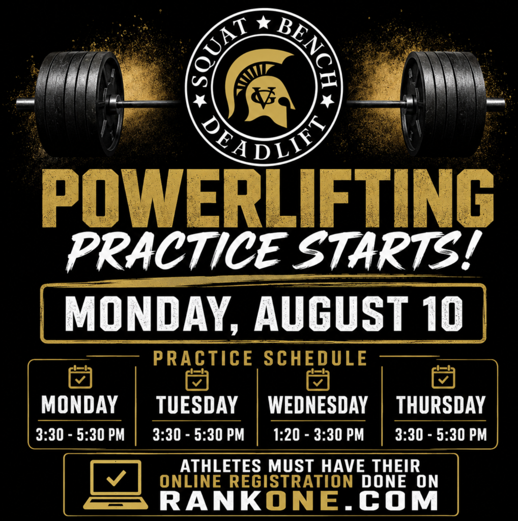 🏋️ VGHS Powerlifting is Back! It's time to get stronger! 💪 Powerlifting practice officially begins Monday, August 10, and we're ready to hit the platform. 📅 Practice Schedule: • Monday: 3:30–5:30 p.m. • Tuesday: 3:30–5:30 p.m. • Wednesday: 1:20–3:30 p.m. • Thursday: 3:30–5:30 p.m. ✅ Reminder: All athletes must complete their online athletic registration through Rank One before participating. Let's get to work, Spartans! 🏋️🖤💛