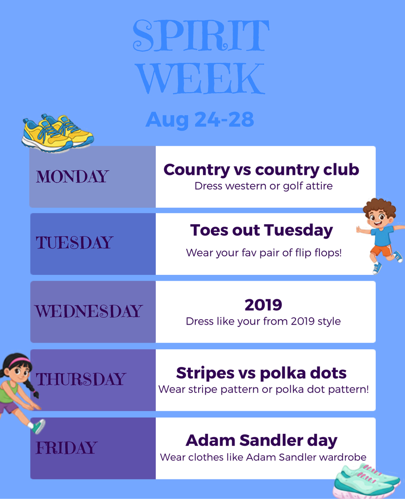 CGUHS Spirit Week is coming! 💛 Get ready to show your Cougar spirit August 24–28 with a fun theme each day! 🤠 Monday: Country vs. Country Club 🩴 Tuesday: Toes Out Tuesday 📼 Wednesday: 2019 ⚪ Thursday: Stripes vs. Polka Dots 😎 Friday: Adam Sandler Day Show your spirit and have fun, Cougars! 