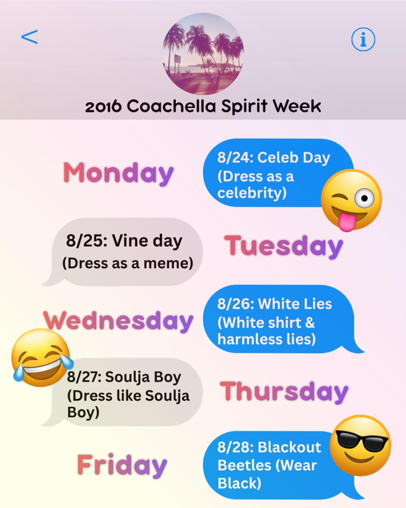 VGHS 2016 Coachella Spirit Week is coming! Show your Spartan spirit and join us for a fun week of themed dress-up days from August 24–28! ⭐ Monday: Celeb Day 😂 Tuesday: Vine Day 🤍 Wednesday: White Lies 🎤 Thursday: Soulja Boy 🖤 Friday: Blackout Beets — Wear Black Get creative, have fun, and show your Spartan spirit!