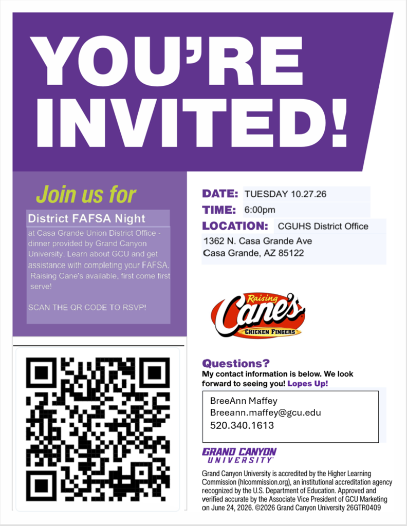 flyer with purple and canes logo for district fafsa night