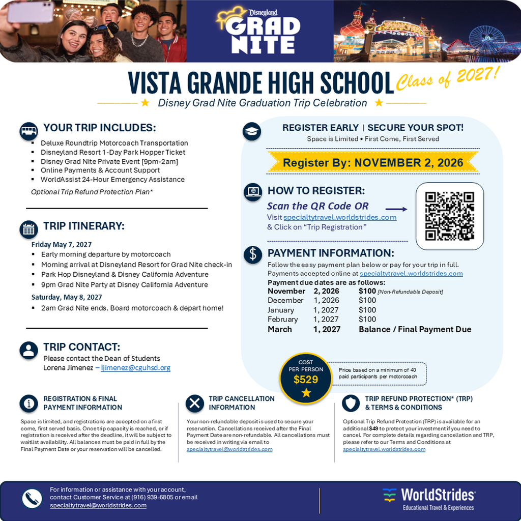 disney grad nite flyer for vista grande white backghround