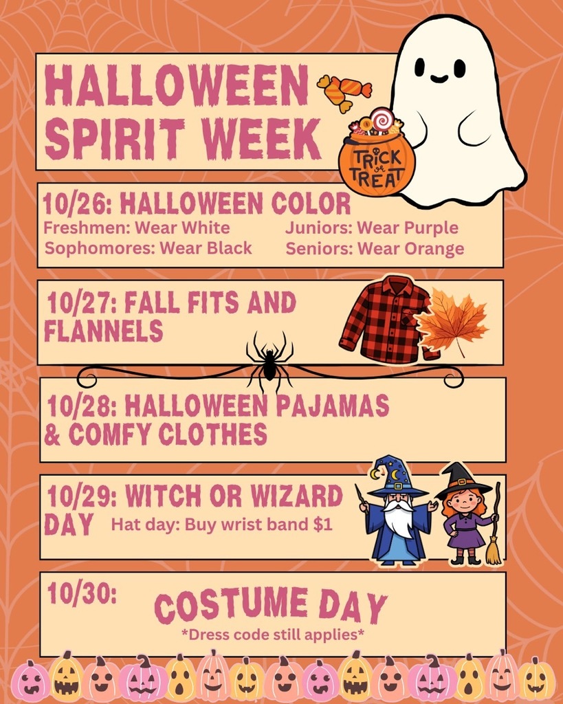 🎃👻 Halloween Spirit Week at VGHS! 🕸️🖤 Spartan Nation, get ready for a week of Halloween fun! Check out the spirit days and start planning your outfits! 🎨 Monday, 10/26: Halloween Colors 🍂 Tuesday, 10/27: Fall Fits and Flannels 👻 Wednesday, 10/28: Halloween Pajamas & Comfy Clothes 🧙 Thursday, 10/29: Witch or Wizard Day (Hat Day wristbands are $1) 🎃 Friday, 10/30: Costume Day Remember, the dress code still applies! We can’t wait to see everyone’s Halloween spirit! 🖤💛