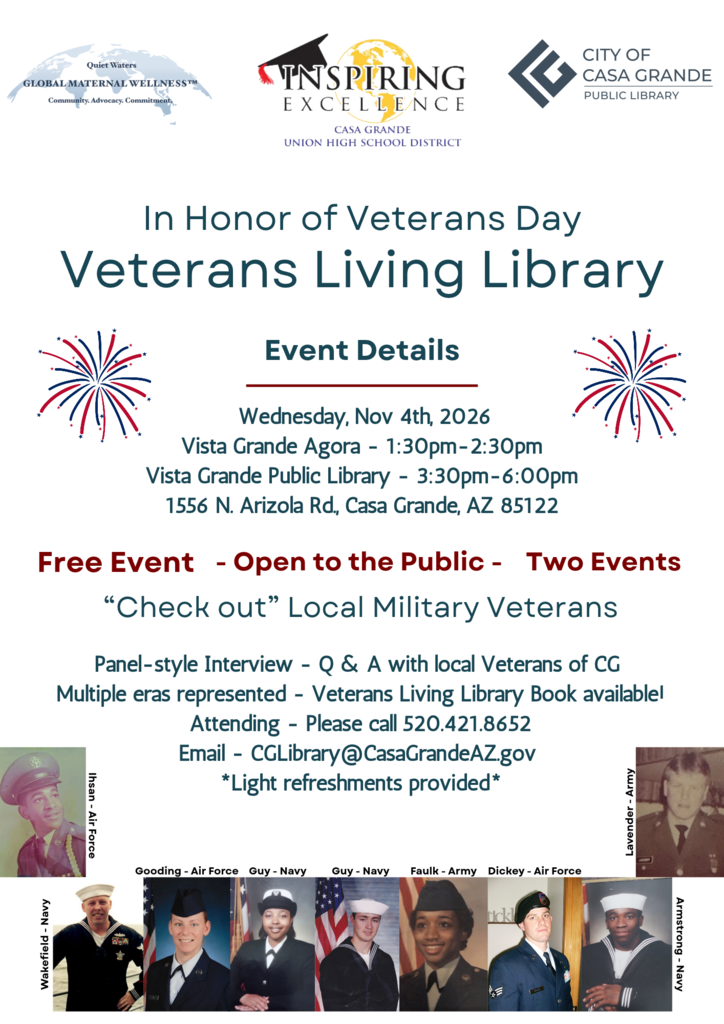 white flyer with veterans photos and information for library visit