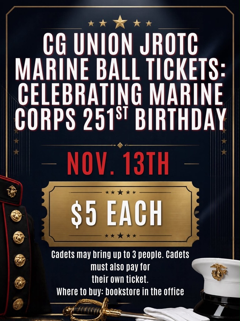 black flyer with info for cguhs jrotc marine corps ball tickets
