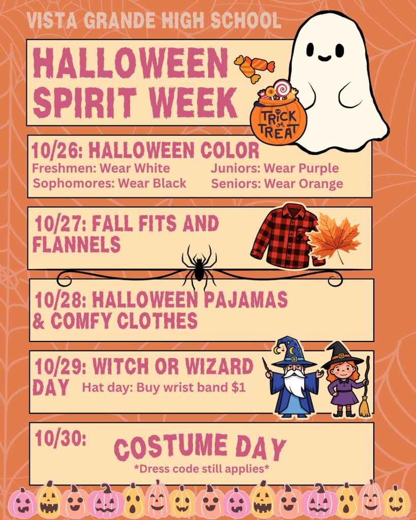 orange halloween flyer for spirit week at vista with ghost and witch graphics