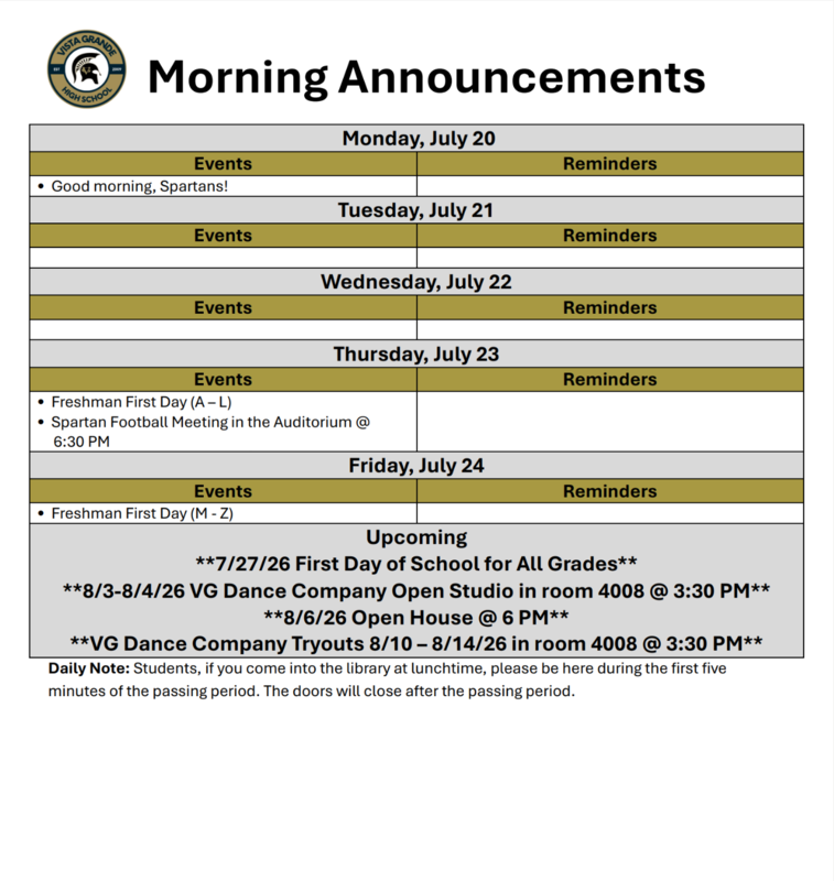 announcements vista grande 7/20