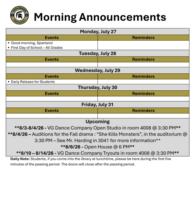 Announcements - July 27-31