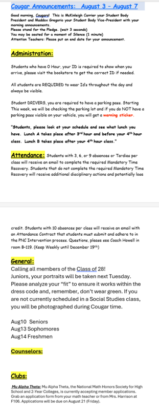 announcements august 6th