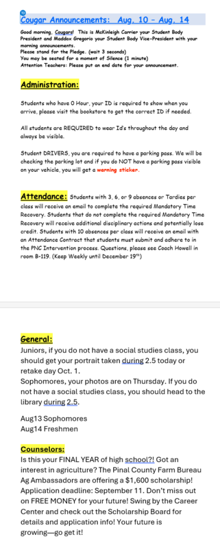 Announcements - August 12th
