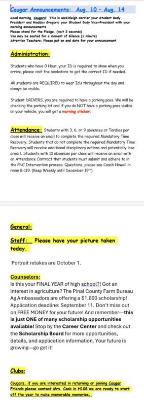 Announcements - August 14th