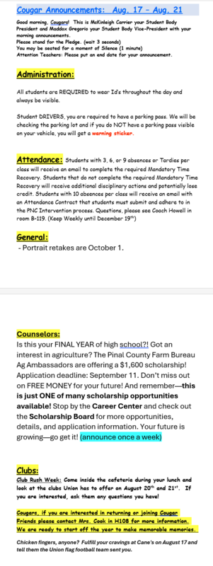 Announcements - August 17th