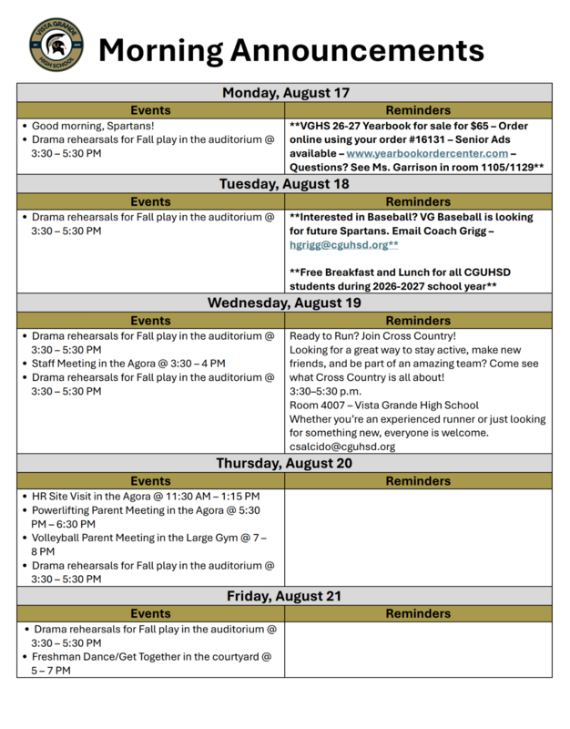 Announcements - August 17th