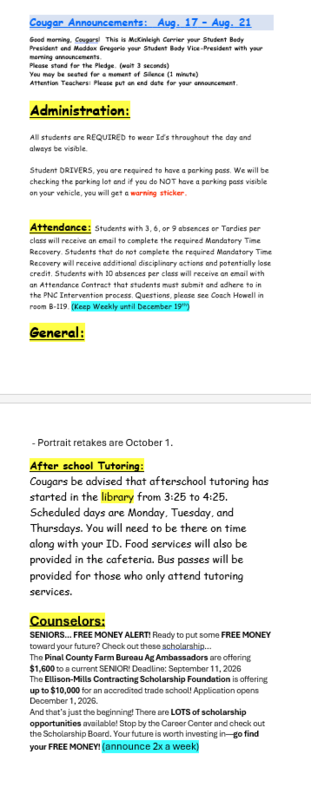 Announcements - August 20th