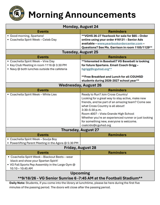 Announcements - August 24th, 2026