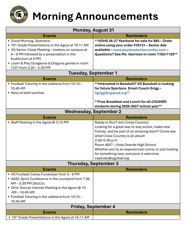 Announcements - August 31st, 2026