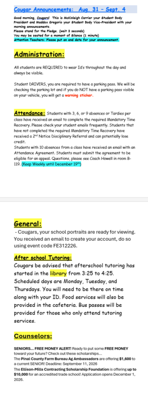 Announcements - September 3rd, 2026