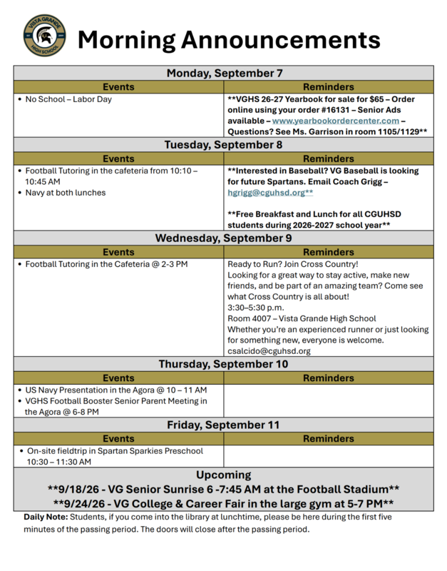 Announcements - September 9th, 2026