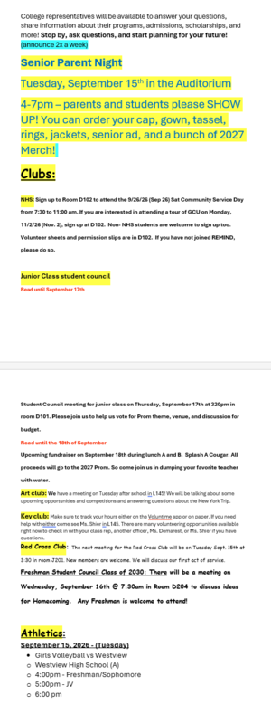 Announcements - September 15th, 2026
