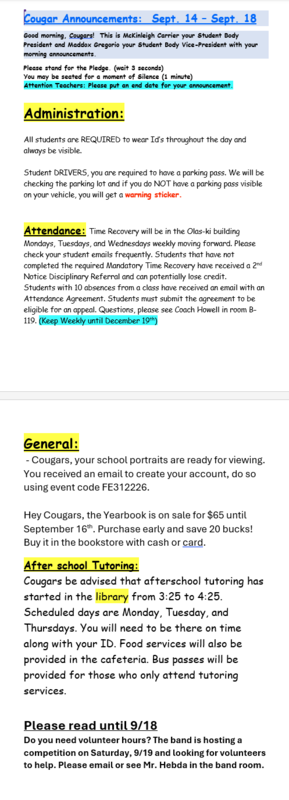Announcements - September 15th, 2026