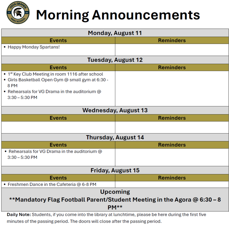 Announcements: August 11, 2025