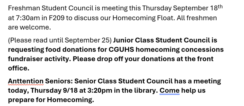 Announcements September 18