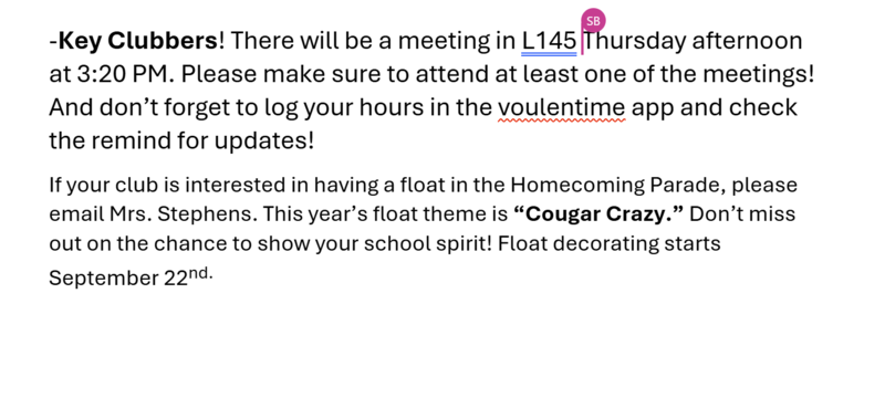 Announcements September 18