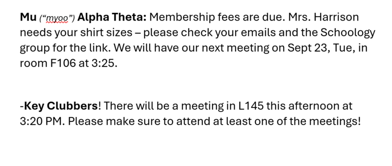 Announcements September 19