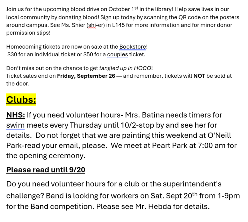 Announcements September 19
