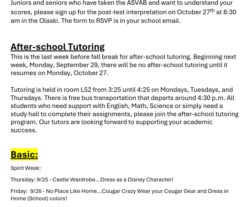 Announcements September 25