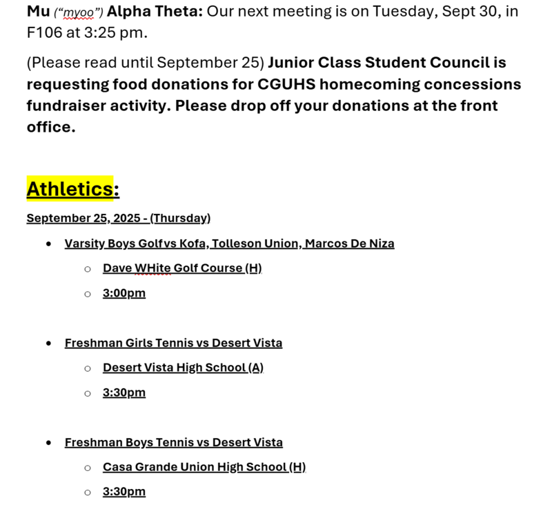 Announcements September 25