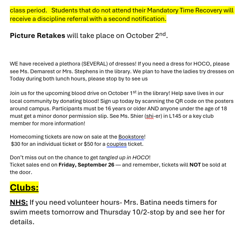 Announcements September 25