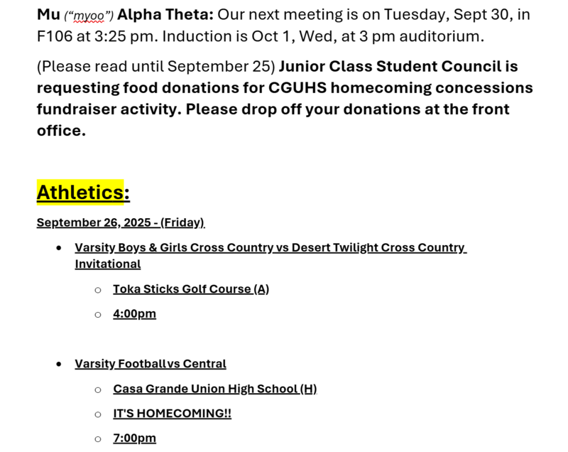 Announcements September 26